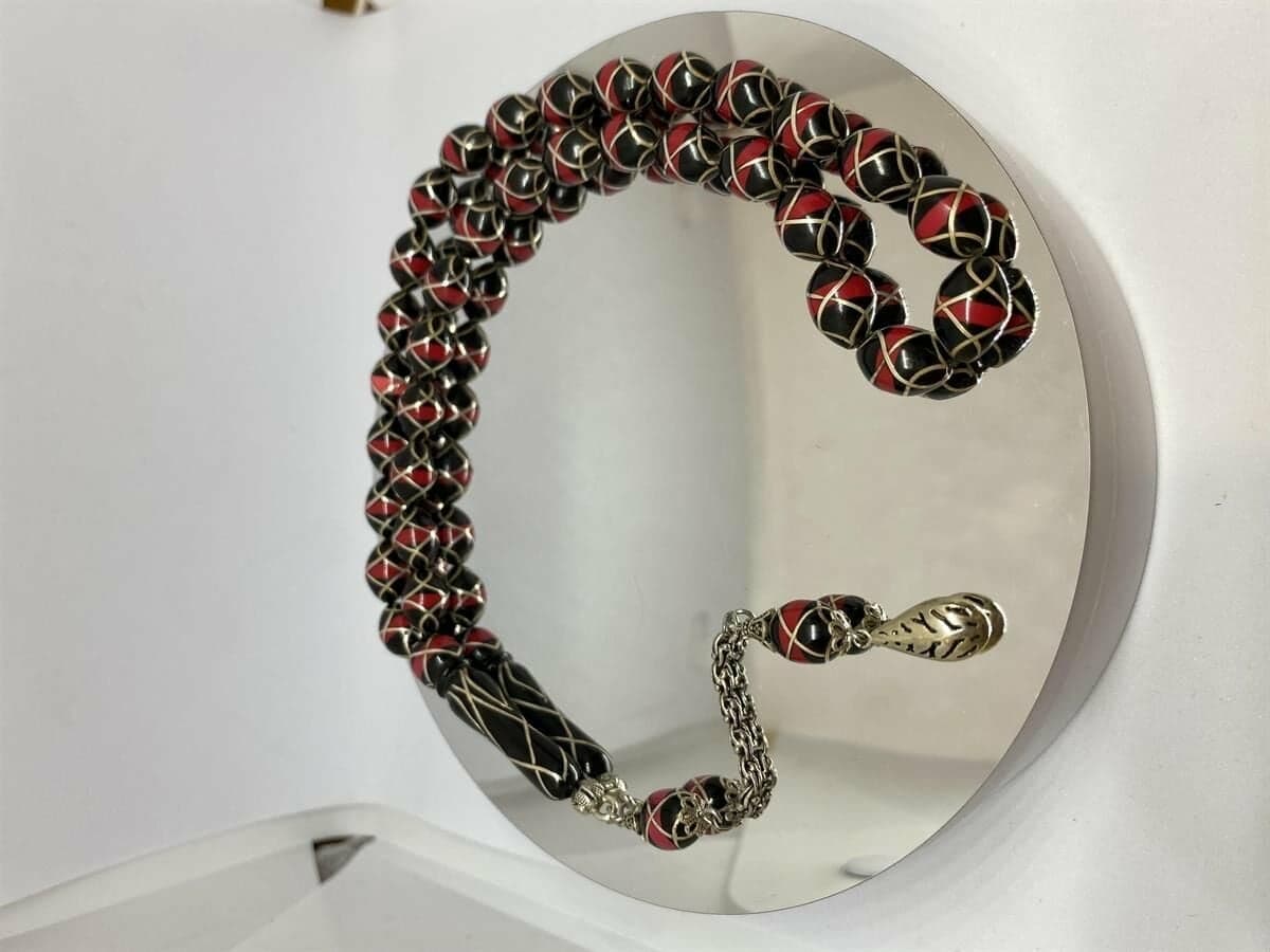 Tesbih Tsbh00106Bc 925 Ayar Gümüş Püsküllü Gümüş-Mercan İşlemeli Beyzi Kesim Usta El İşçilikli Erzurum Oltu Tesbih
